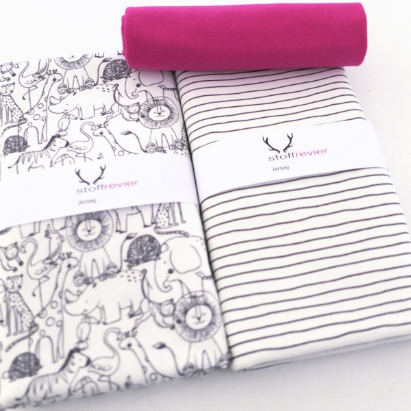 Stoffpaket Jersey, Im Zoo, Linien Off-White, 25 cm Bündchen Pink