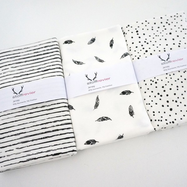 Jersey Stoffpaket Federn, Kleckse, Linien, Off-White