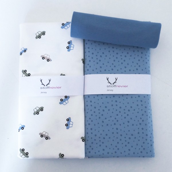 Stoffpaket Jersey, kleine Autos Off-White, Kleckse und Bündchen Blau