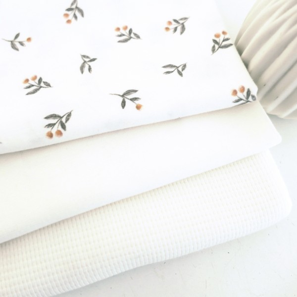 Stoffpaket Jersey, All-White, kleine Zweige Off-White, Waffeljersey und Bündchen