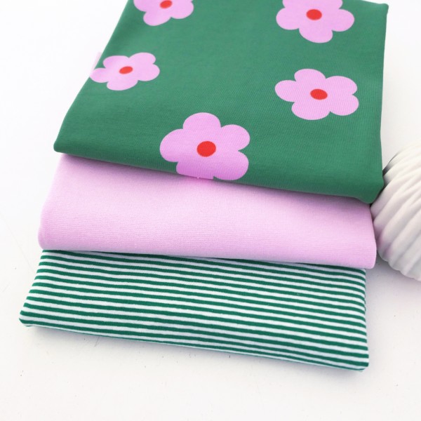 Jersey Stoffpaket, Prilblumen, Blüten, Rosa/Grün, Ringel, Grün, 50cm Bündchen