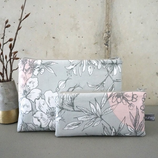 Kulturtasche und kleine Schminktasche im Set, Kirschblüte, Grau