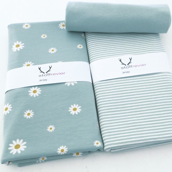 Stoffpaket Jersey, Margheriten, Mintblau, Ringel, Bündchen