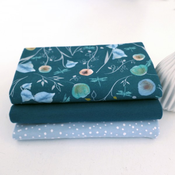 Stoffpaket Jersey Aquarellblüten Joy, Kleckse Bleu, Bündchen
