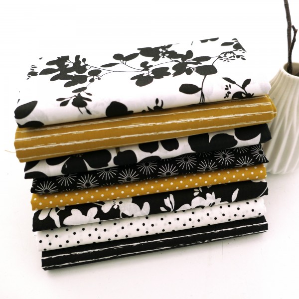 8 x Fat Quarter, Black, White, Mustard, Stoffpaket, Blüten, Kleckse, Linien, Baumwolle