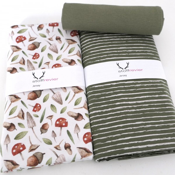 Jersey Stoffpaket, Pilze und Eicheln Weiß, Linien, Moos, 50cm Bündchen