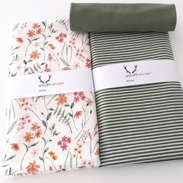 Jersey Stoffpaket, Blüten, Zweige, Ringel, Bündchen Moos