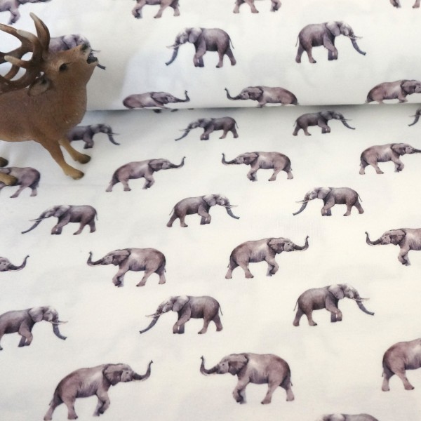 Rest, Jersey Elefanten, Off-White, Grau, Digitaldruck, Meterware