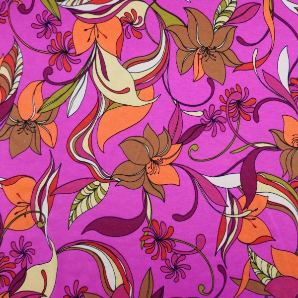 Viskosejersey, Lilien, 70er, Pink, leichter Kleiderstoff, Meterware