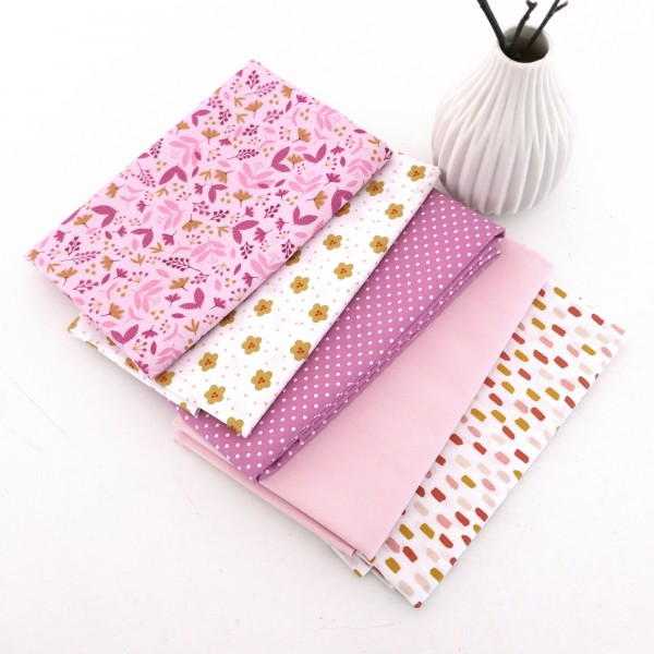 Restepaket Baumwolle, Blumen, Striche, Punkte, Uni, Rosa, Weiß, Gelb