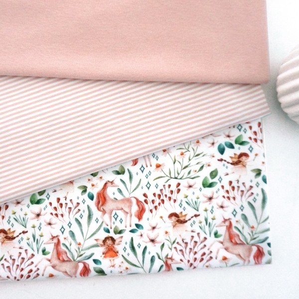Stoffpaket Jersey, Einhörner und Elfen, Ringel Rosé, 50 cm Bündchen