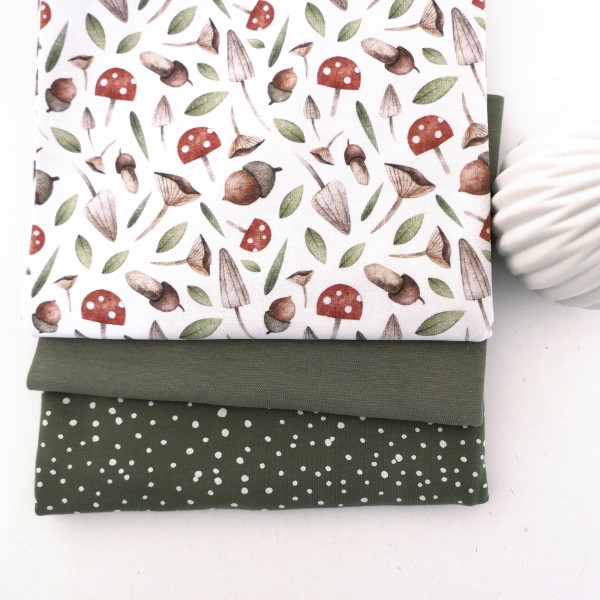 Jersey Stoffpaket, Pilze und Eicheln Weiß, Kleckse, Moos, 50cm Bündchen