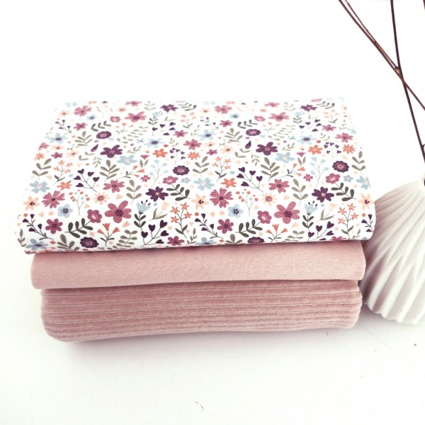 Stoffpaket Jersey Streublumen, Cordjersey Softrose und Bündchen