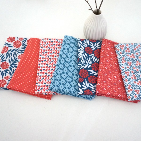 Stoffpaket Baumwolle, 7 x Fat Quarter, Blumen, Herzen, Punkte, Patchwork