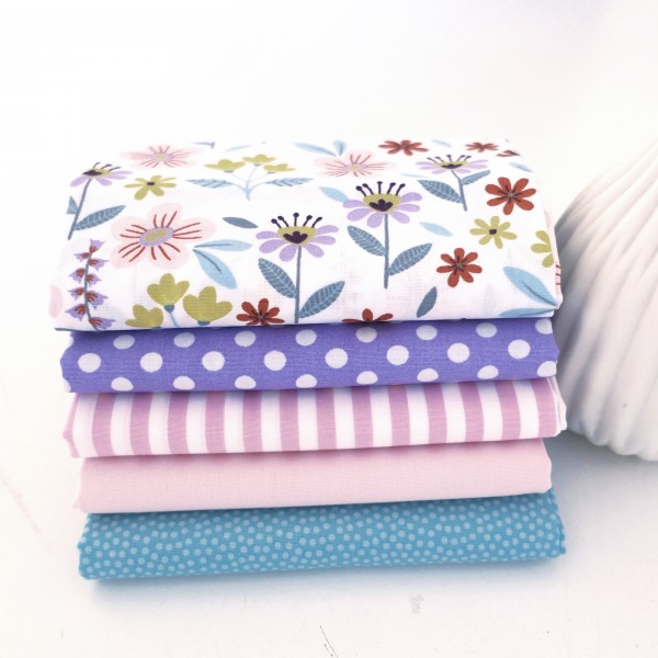 Stoffpaket Baumwolle, 5 x Fat Quarter, Blumen, Streifen, Punkte, Uni, Patchwork