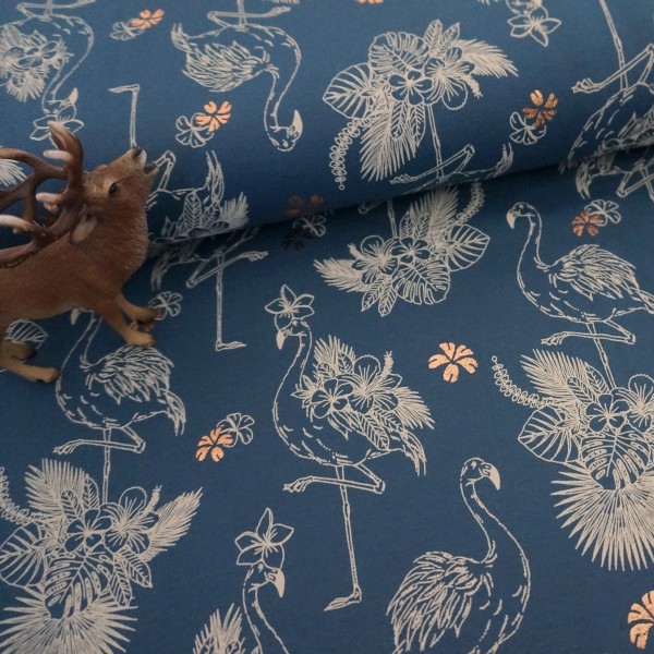 Jersey, Flamingos, Blau, Golddruck, Meterware