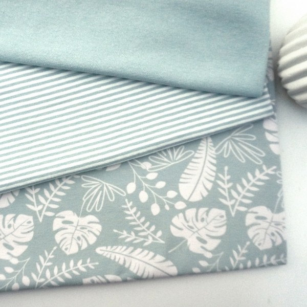 Stoffpaket Jersey, Blätter, Ringel Hellmint, 25 cm Bündchen