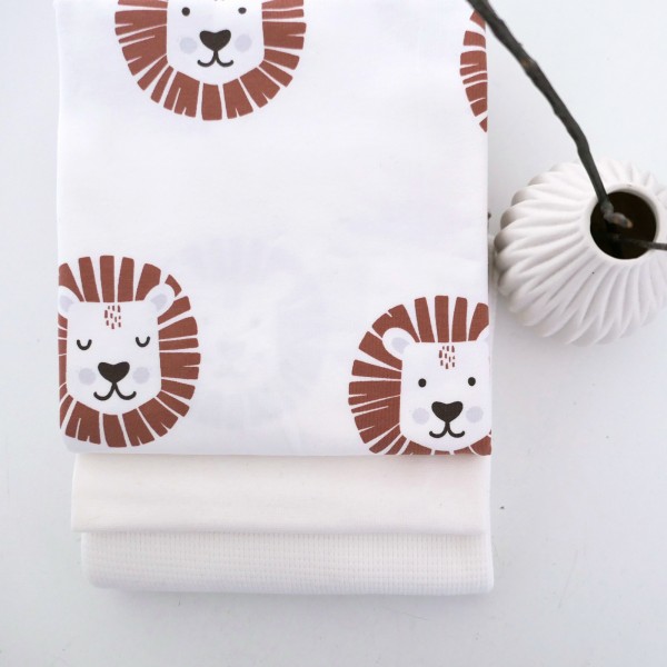 Jersey Stoffpaket, Löwenköpfe Natur/Braun, Waffelstrick Naturweiß, Bündchen