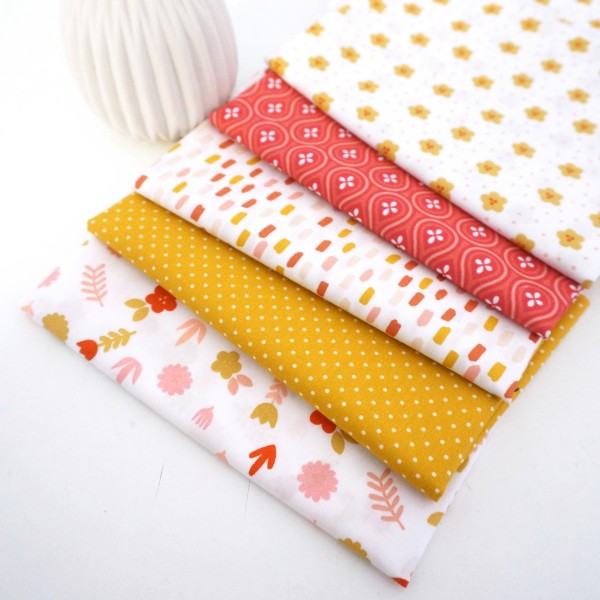 Stoffpaket, 5 x Fat Quarter, Baumwolle, Blumen, Koralle, Senf