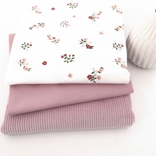Stoffpaket Jersey Streublumen Off-White, Cord Uni Altrosa, Bündchen