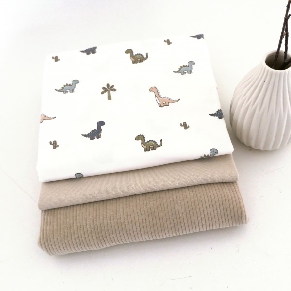 Stoffpaket Jersey Dinosaurier, Off-White, Jersey-Cord Uni Beige, Bündchen