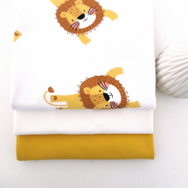 Stoffpaket Jersey 'Wilde Löwen' Off-White, Uni Gelb, 50cm Bündchen