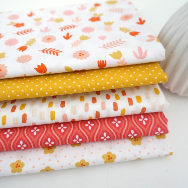 Stoffpaket, 5 x Fat Quarter, Baumwolle, Blumen, Koralle, Senf