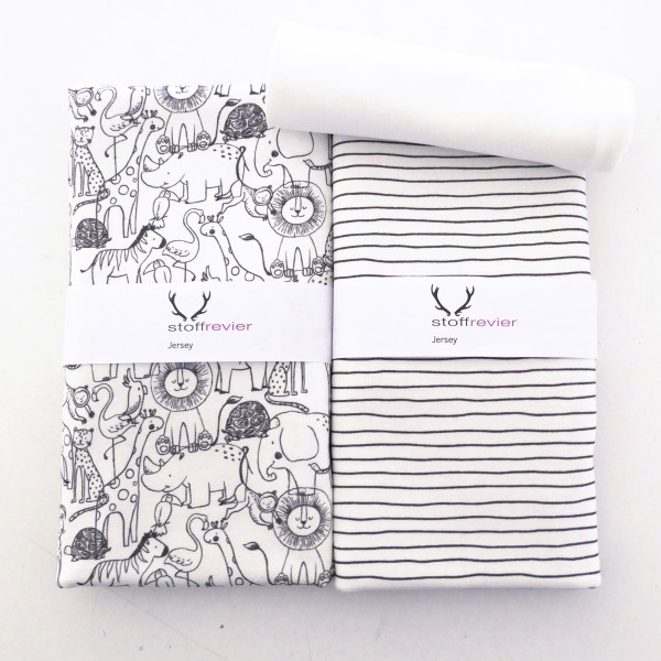 Stoffpaket Jersey, Im Zoo, Linien Off-White, 50 cm Bündchen Natur