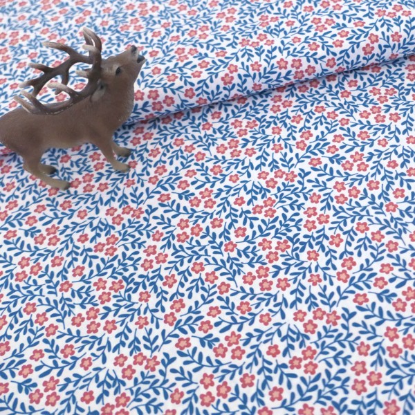 Baumwollstoff 'Kim' Streublumen, Zweige, Blau, Koralle, Meterware swafing