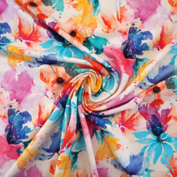 Jersey Blätter, Aquarell Blumen, Blüten, Bunt, Meterware
