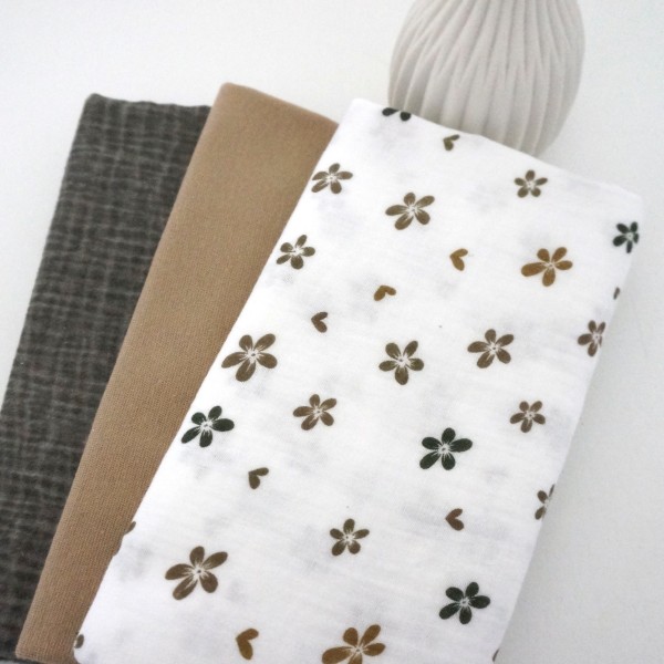 Stoffpaket Musselin, Streublumen Taupe, Uni Dirty Washed, Bündchen