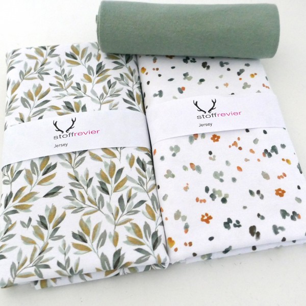 Stoffpaket Jersey Blätter, Zweige, Kleckse, Salbei, 50cm Bündchen