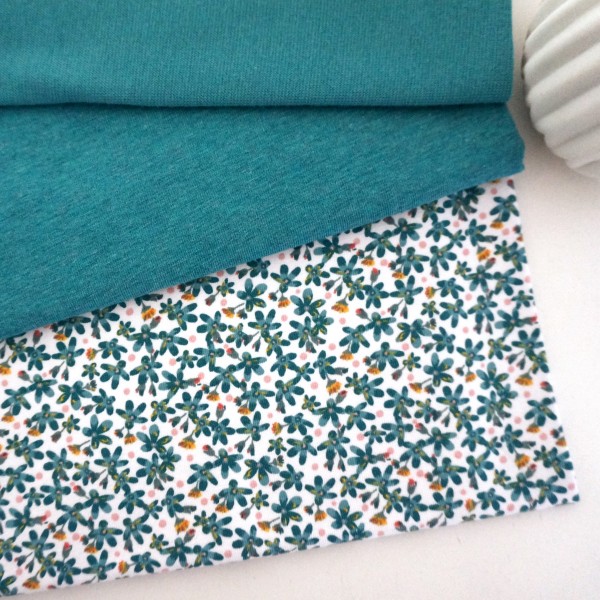 Stoffpaket Jersey 'Streublumen', Petrolblau, Uni meliert, Bündchen