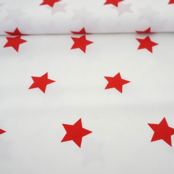 Baumwollstoff, Popeline große Sterne, Maxisterne, Weiß/Rot
