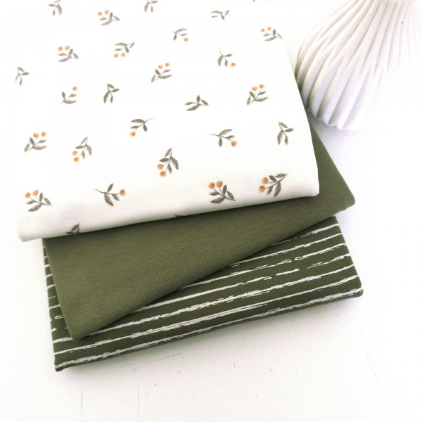 Stoffpaket Jersey, kleine Zweige Off-White, Linien Khaki, 50cm Bündchen