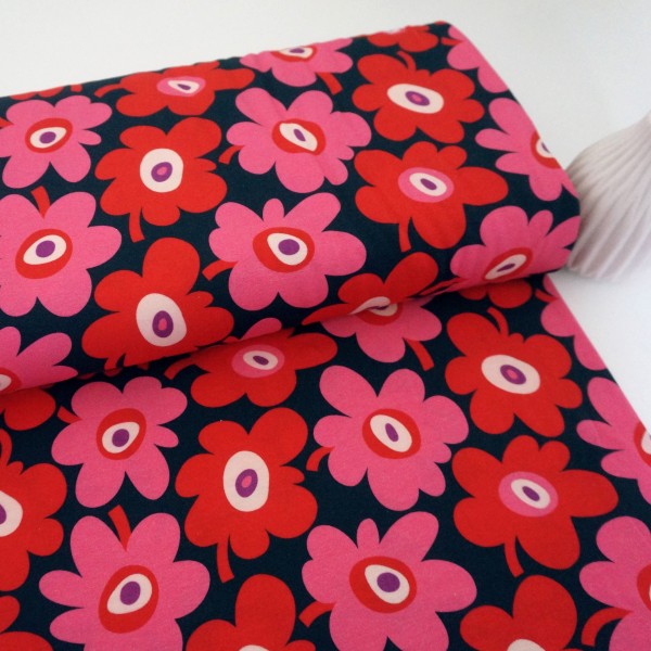 Jersey große Blüten Nachtblau Pink, Rot, Rosa Meterware