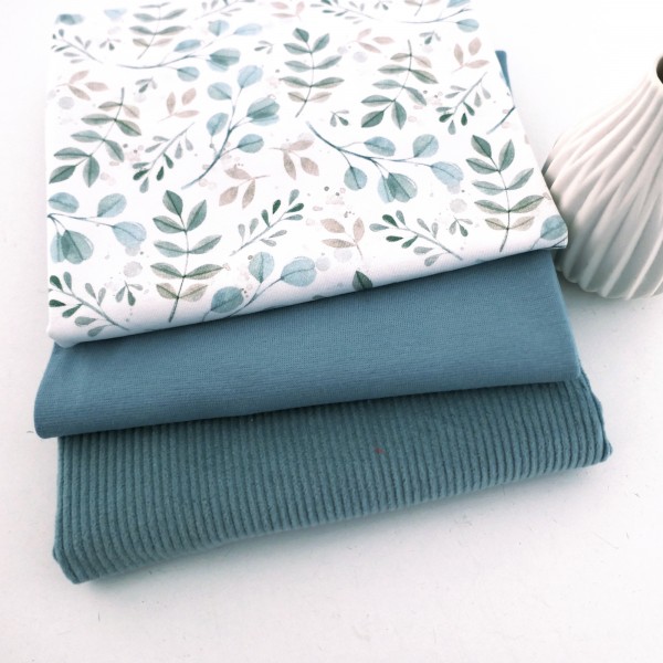 Stoffpaket Jersey Zweige, Blätter, Cordjersey Uni Mint, Bündchen
