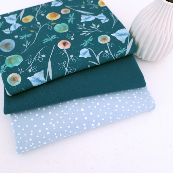 Stoffpaket Jersey Aquarellblüten Joy, Kleckse Bleu, Bündchen