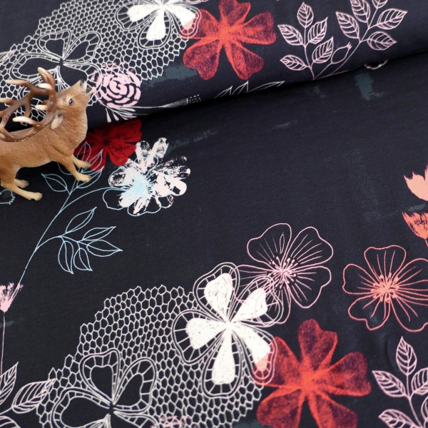 Jersey, Mystical Florals, Blumen, Blüten, Schwarzblau, swafing, Meterware