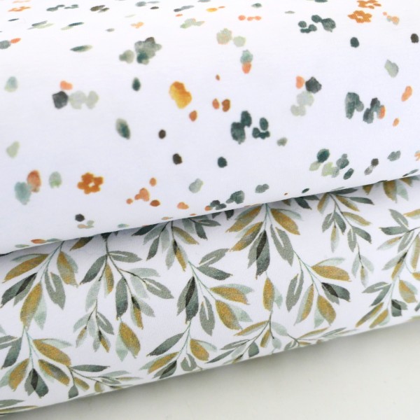 Stoffpaket Jersey Blätter, Zweige, Kleckse, Salbei, 50cm Bündchen