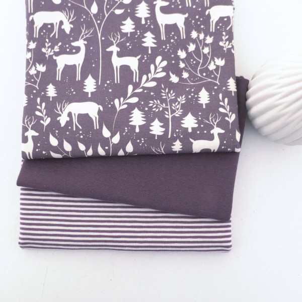 Stoffpaket Jersey, 'Miniwinter', Rotwild, Ringel Mauve, Bündchen