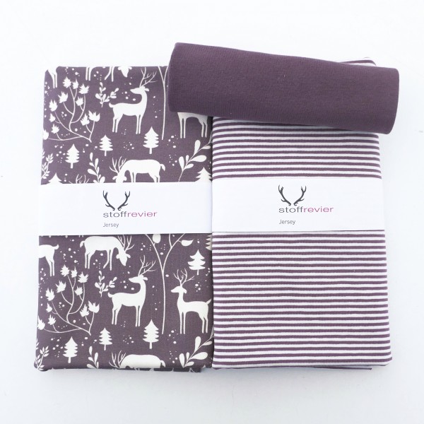 Stoffpaket Jersey, 'Miniwinter', Rotwild, Ringel Mauve, 50cm Bündchen