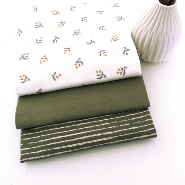 Stoffpaket Jersey, kleine Zweige Off-White, Linien Khaki, 50cm Bündchen