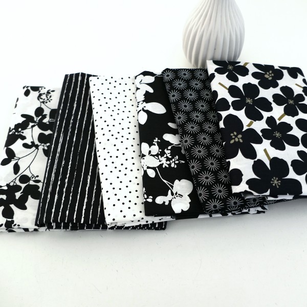 6 x Fat Quarter, Black&White Stoffpaket, Blüten, Kleckse, Linien, Baumwolle