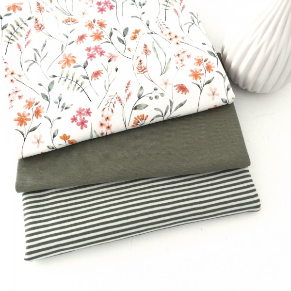 Jersey Stoffpaket, Blüten, Zweige, Ringel, Bündchen Moos