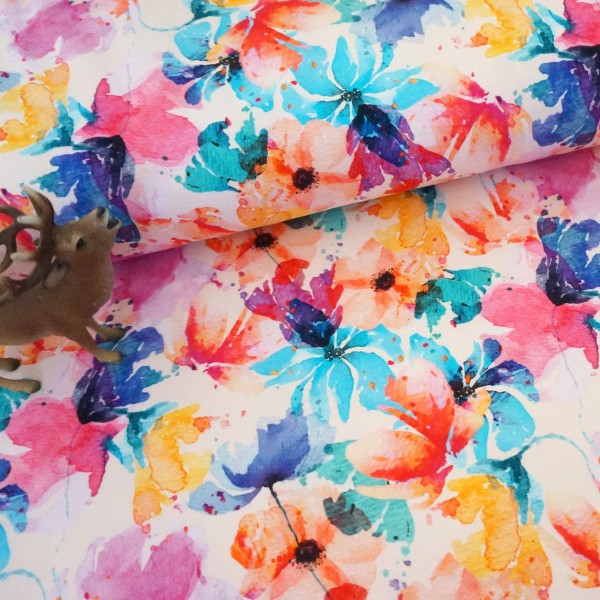 Jersey Blätter, Aquarell Blumen, Blüten, Bunt, Meterware