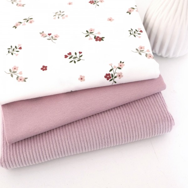Stoffpaket Jersey Streublumen Off-White, Cord Uni Altrosa, Bündchen