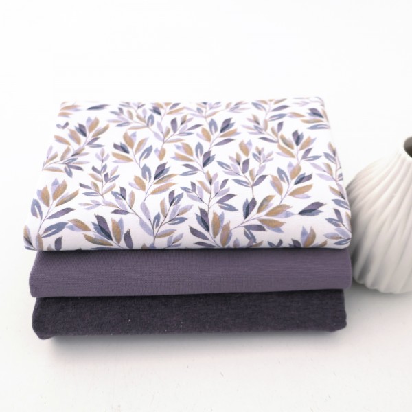Stoffpaket Jersey Blätter, Zweige, Mauve, Uni melange, 50cm Bündchen