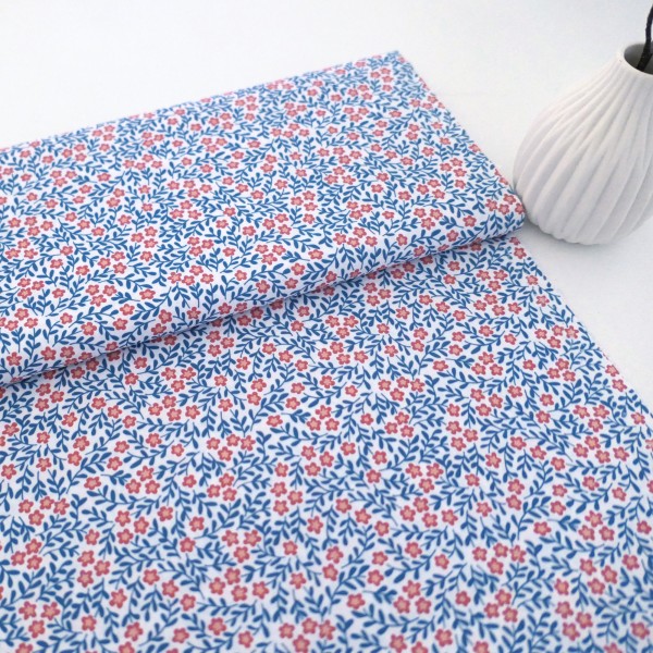 Baumwollstoff 'Kim' Streublumen, Zweige, Blau, Koralle, Meterware swafing
