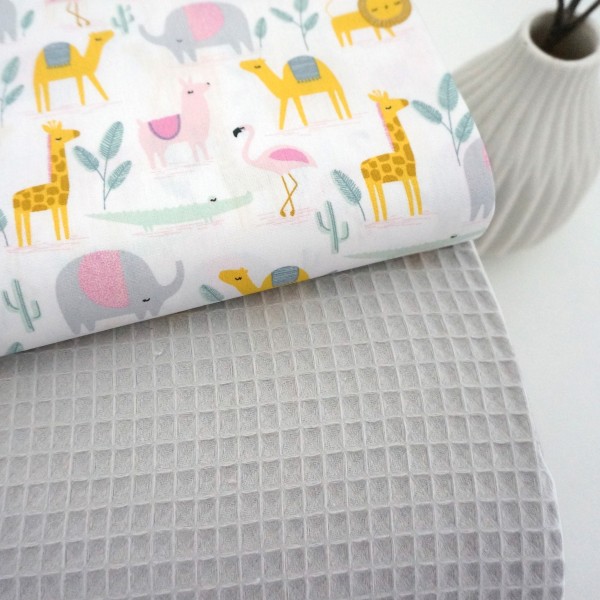 Stoffpaket, Baumwolle, Waffelpiqué Hellgrau, Desert Animals, Pastell